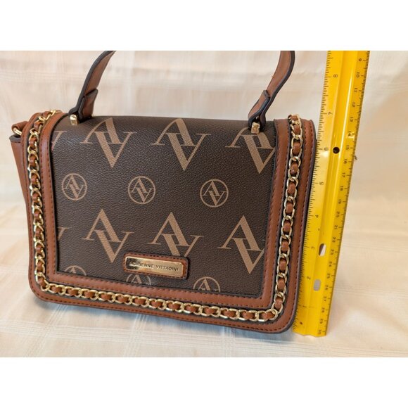 Adrienne Vittadini Brown Monogram Chain Strap Crossbody Bag Faux Leather - Picture 6 of 16